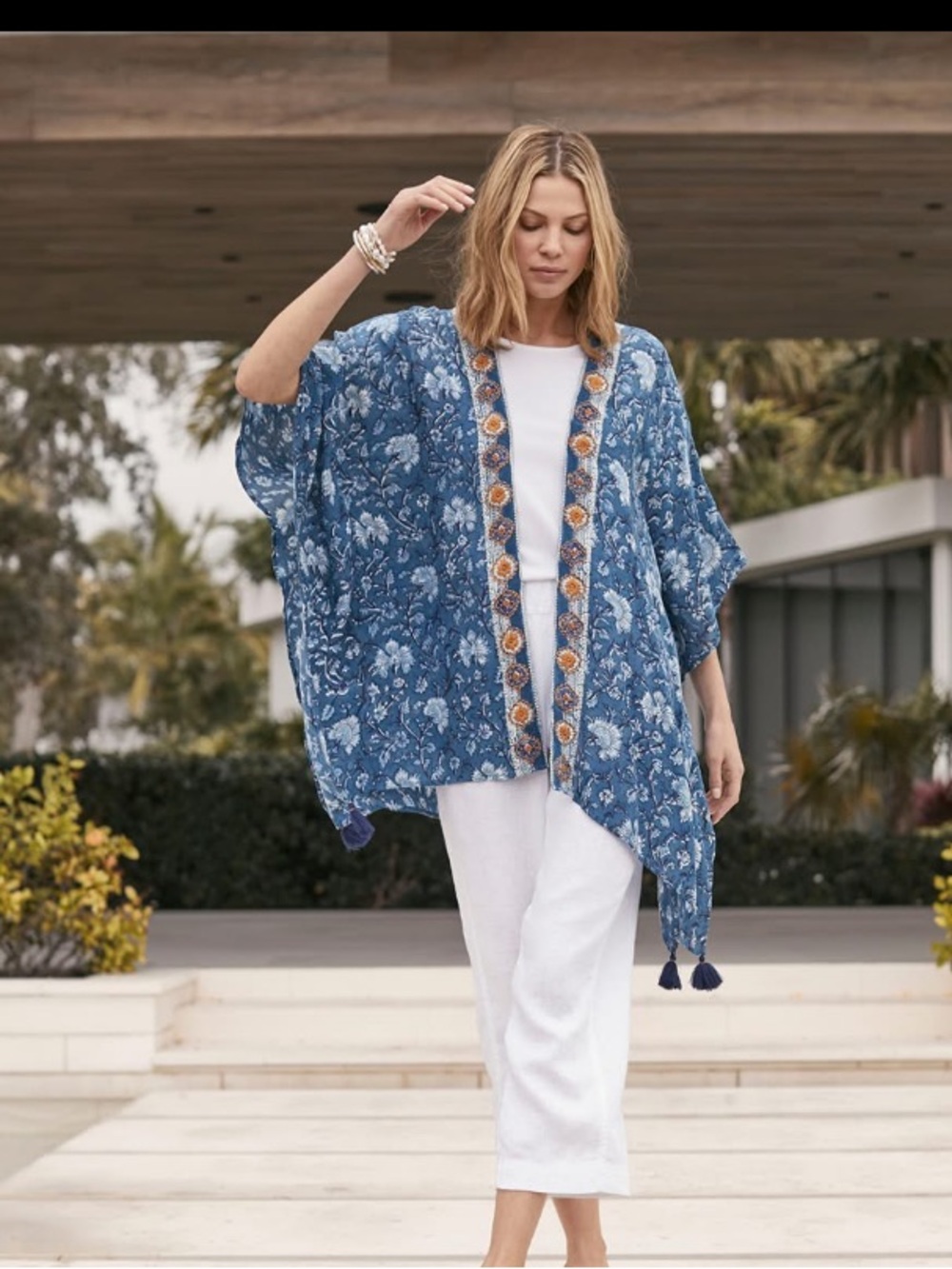 Pure Jill J. Jill Blue Floral Embroidered Open Kimono Topper Boho XL-3X